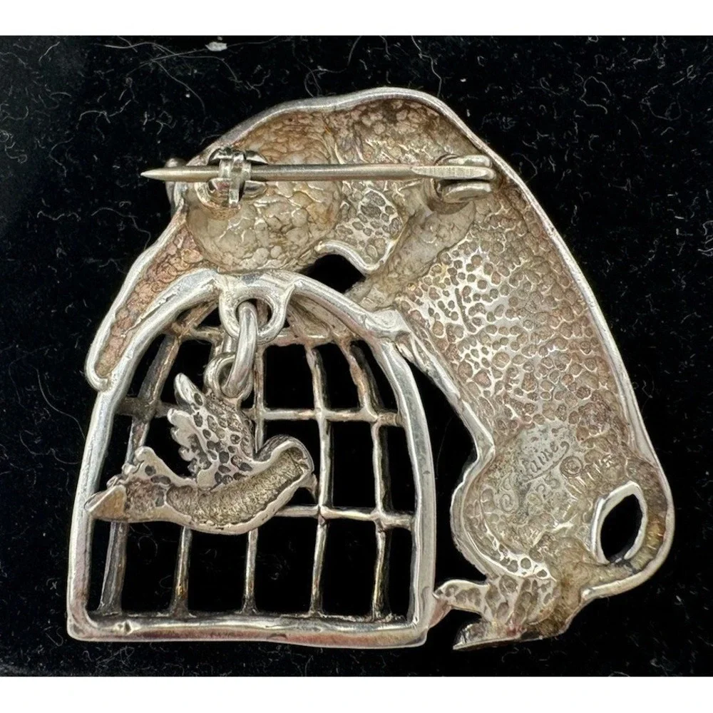 Vintage Jezlaine 925 Sterling Silver Cat on Birdcage Brooch Bird Swings Signed